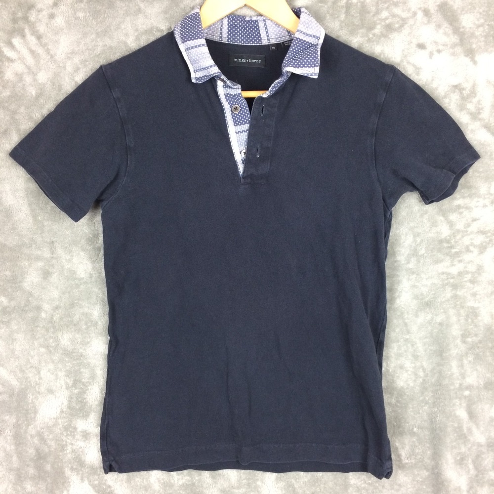 Wings‎ & Horns Polo Shirt Mens Small Blue Contrast Collar Made in Canada